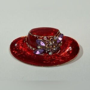 VTG Red Hat Enamel Purple Clear Rhinestones Brooch Pin Society Club Socialite